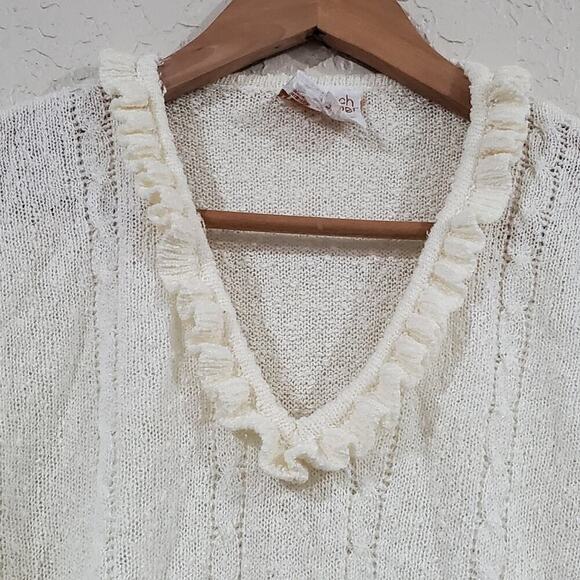 Vintage Sweater Womens Medium 70s Cream Ruffles Cottage Coquette Preppy Neutral - Picture 3 of 8